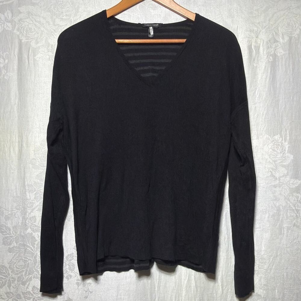 Eileen Fisher Sweater Small Black Silk Organic Cotton Blend V Neck Long Sleeve